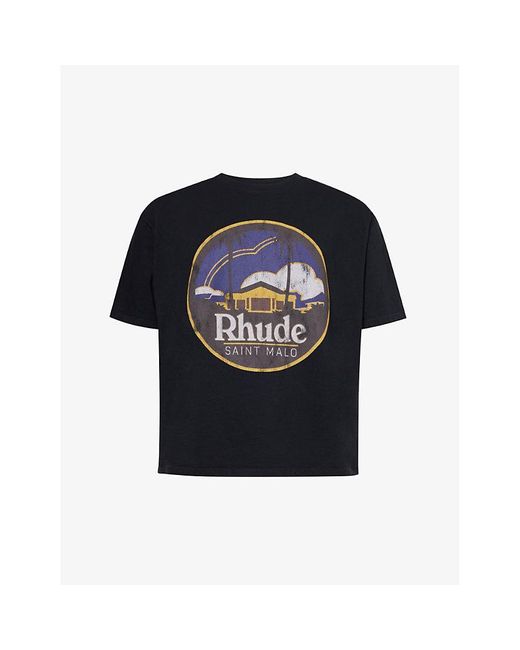 Rhude Black Saint-malo Graphic-print Cotton-jersey T-shirt for men