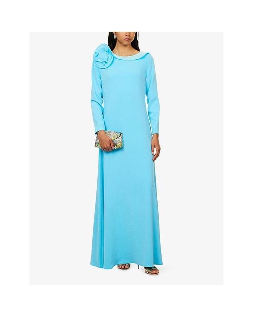 Roland Mouret Blue 3D-Draped Flower-Neck Long-Sleeve Gown