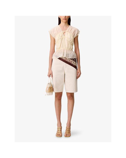 Claudie Pierlot Natural V-Neck Tie-Front Lyocell-Blend Top