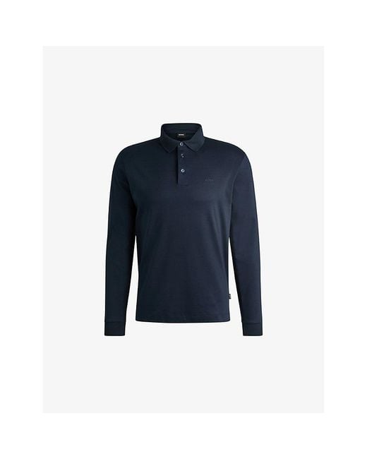 Boss Blue Leisure Long-Sleeved Cotton-Jersey Polo Shirt for men