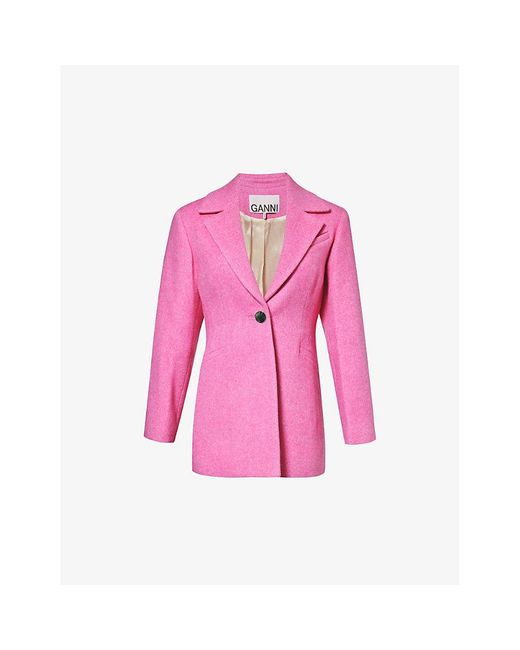 Ganni Pink Longline Single-breasted Recycled-wool Blend Twill Blazer