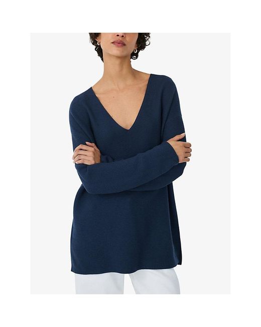 The White Company Blue V-Neck Button-Down Textured Cotton Jumper