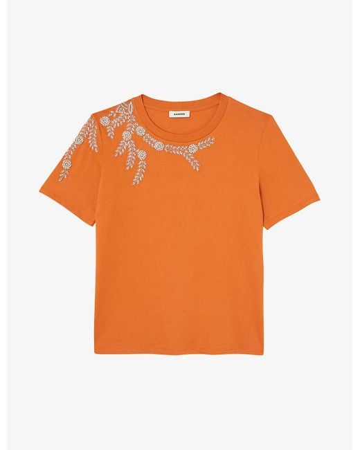 Sandro Orange Rhinestone-embellished Cotton T-shirt