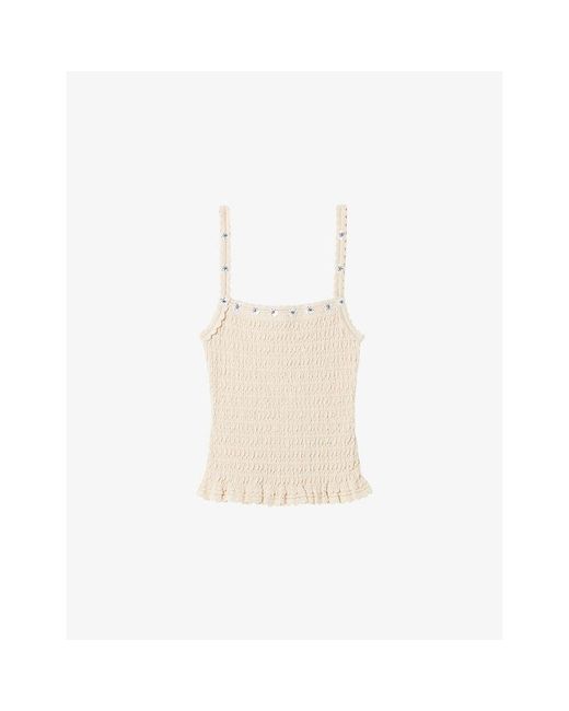 Claudie Pierlot White Sleeveless Floral-Embroidered Stretch-Woven Top