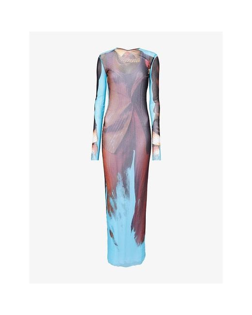 Jean Paul Gaultier Blue Open-Back Long-Sleeves Woven Midi Dress