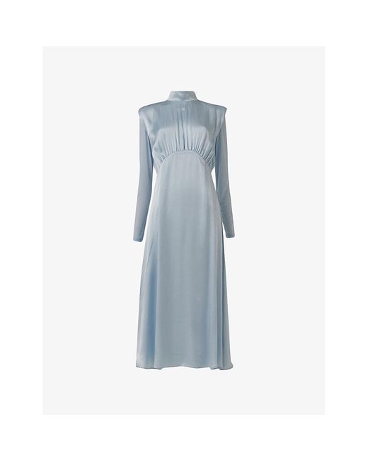 eem Blue High-Neck Silk Midi Dress
