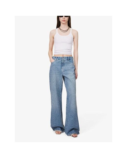 GOOD AMERICAN Blue Good Ease Rhinestone-embellished Wide-leg Recycled Denim-blend Jeans