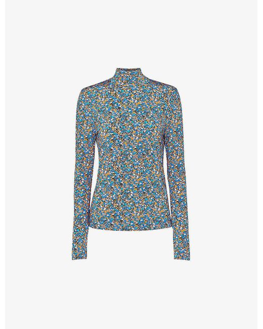 Whistles Blue Ditsy-floral High-neck Stretch-woven Top