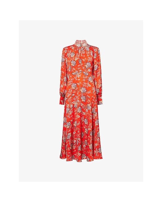 ME+EM Red Paisley-Print High-Neck Woven Midi Dress