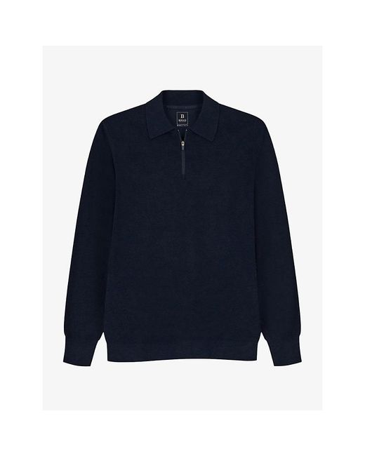 Boggi Blue Zip-Neck Long-Sleeve Wool-Blend Polo for men