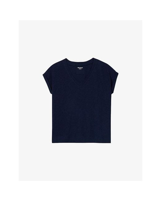 Whistles Blue Willa V-Neck Cotton-Jersey T-Shirt