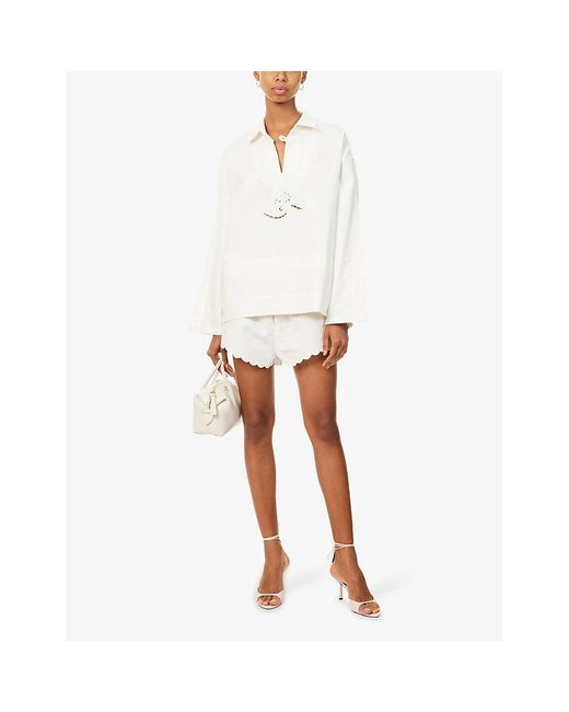 Victoria Beckham White Embroidered Oversized Linen And Cotton-Blend Tunic