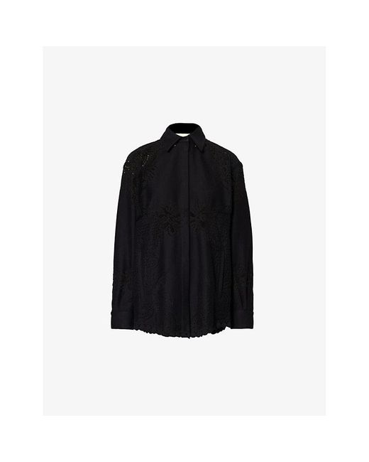 Valentino Garavani Black Floral-lace Scallop-trim Cotton-blend Shirt