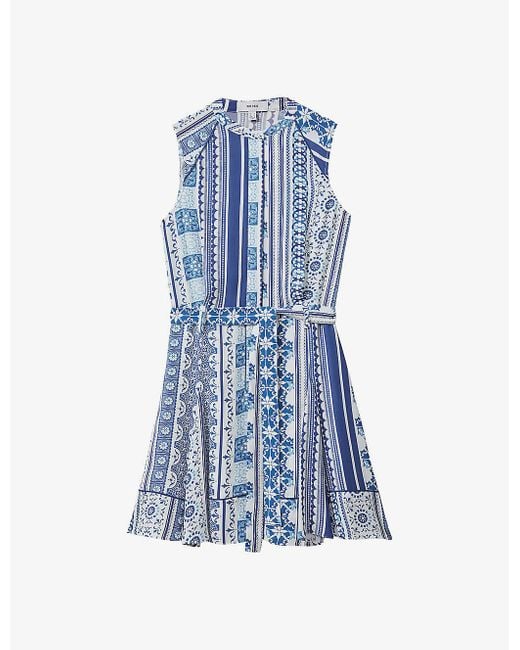 Reiss Blue Florence Tile-print Sleeveless Woven Mini Dress