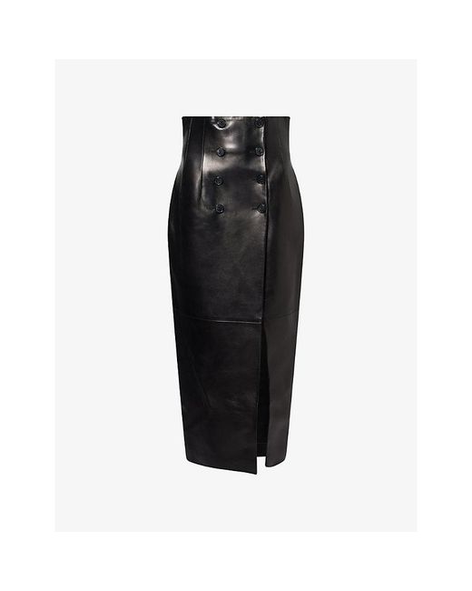 Khaite Black Luiza Buttoned Leather Midi Skirt