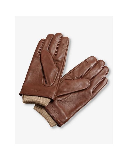Ted Baker Brown Ballat Logo-debossed Ribbed-cuff Leather Gloves for men