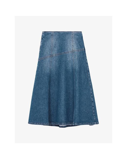 Reiss Blue Fee Patchwork High-Rise Denim Midi Skirt