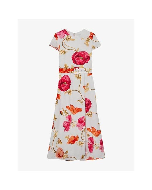 Reiss Red Lyra Floral-Print Crepe Midi Dress