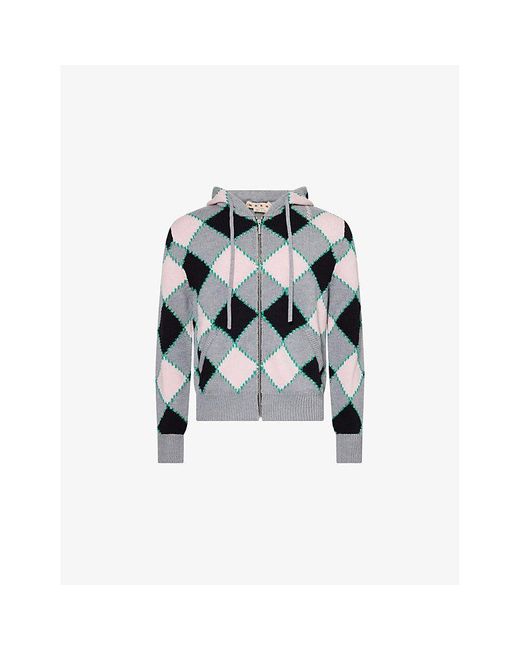 Marni White Hooded Diamond-Pattern Knitted Wool Cardigan for men
