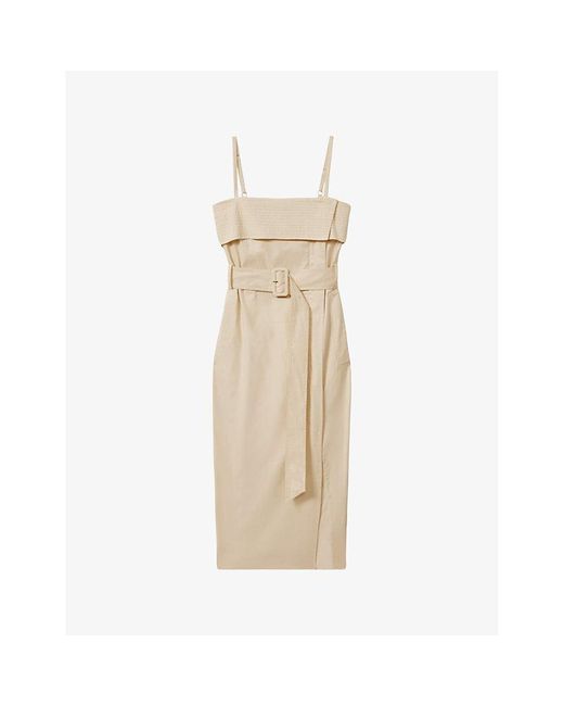 Reiss Natural Dhalia Straight-neck Belted Stretch-cotton Midi Dress