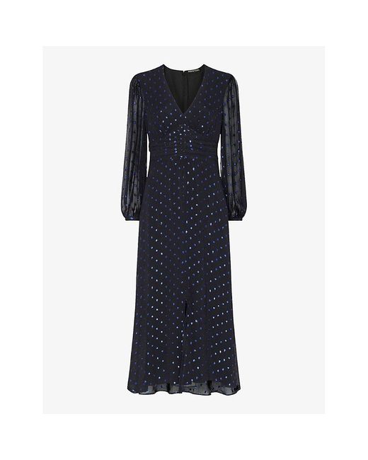 Whistles Blue Metallic-dot Long-sleeve Woven Midi Dress