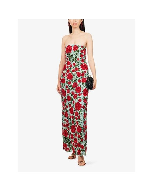 La Fuori Red Crimson Rose Strapless Sequinned Maxi Dress