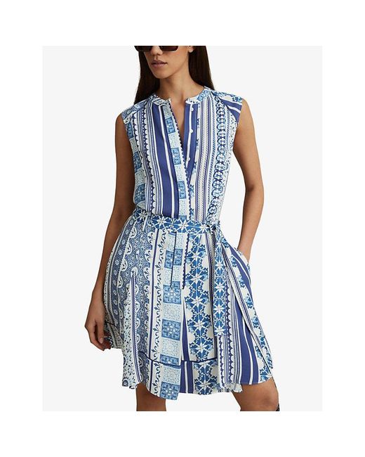 Reiss Blue Florence Tile-print Sleeveless Woven Mini Dress