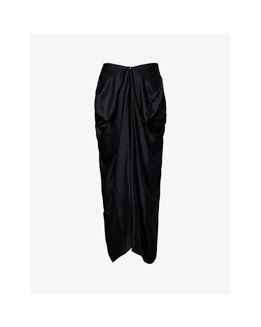Totême  Black Draped Mid-rise Satin Midi Skirt
