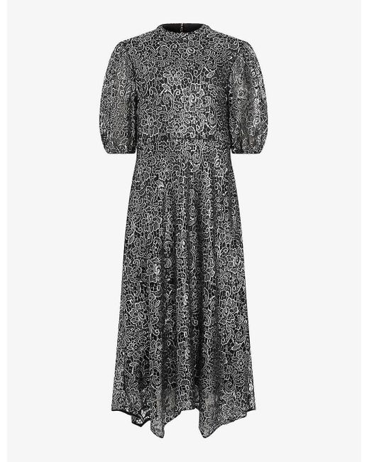 AllSaints Gray Camila Asymmetric Broderie-anglaise Midi Dress