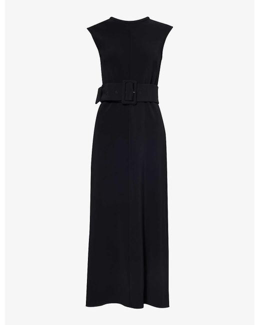 Another Tomorrow Black Sleeveless Detachable-belt Stretch-woven Maxi Dress