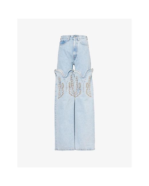 Y. Project Blue Evergreen Cowboy Embroidered Mid-rise Wide-leg Organic-denim Jeans