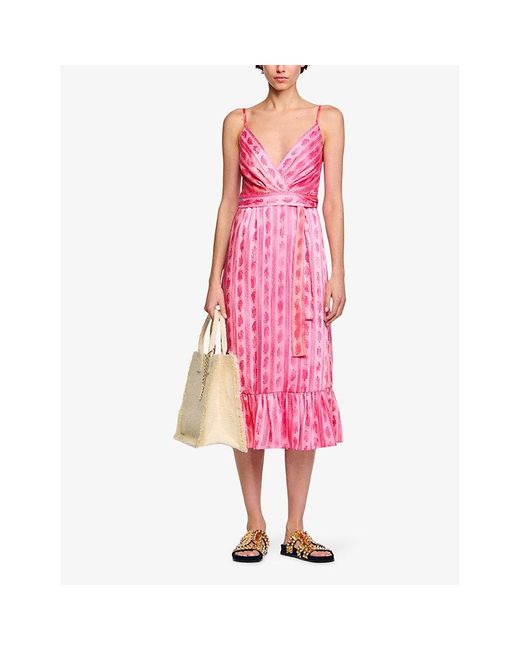Sandro Pink Paisley-print Tie-waist Woven Midi Dress