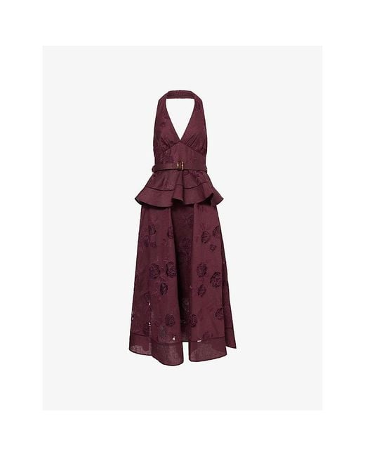 Self-Portrait Purple Belted Peplum Linen-Blend Midi Dress