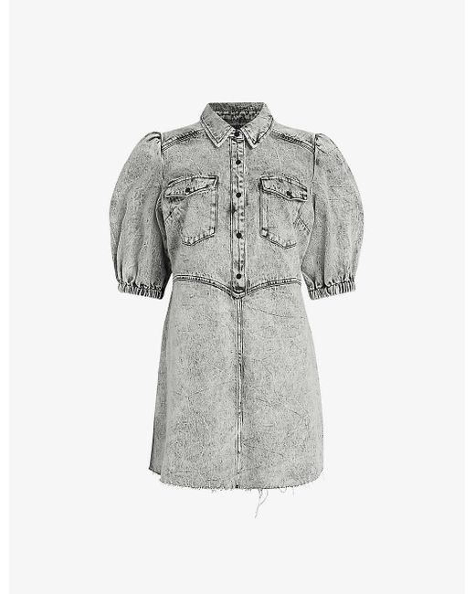AllSaints Gray Jackie Puff-sleeve Washed Denim Mini Dress