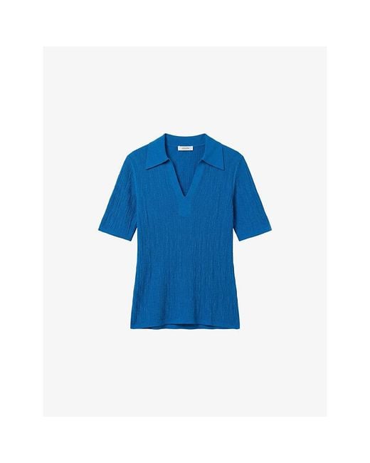 Joseph Blue Aliane Open-Collar Crinkle Woven Top