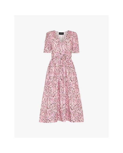 Whistles Pink Leopard-Print V-Neck Cotton Midi Dress