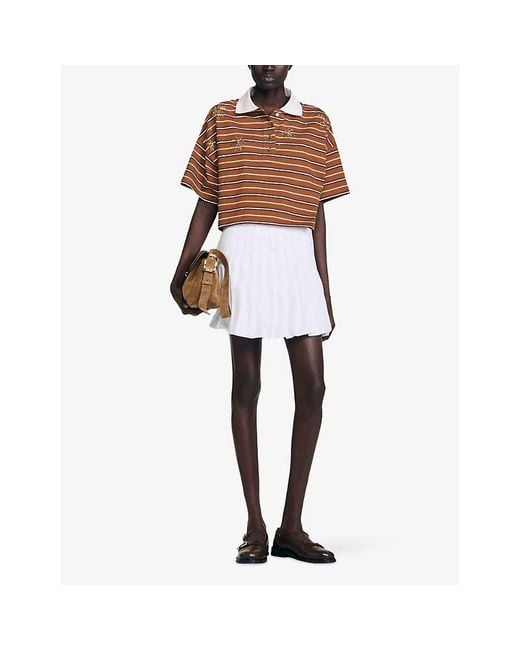 Sandro Brown Striped Polo-Collar Cotton-Jersey T-Shirt