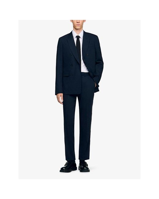 Sandro Blue Wide-Leg Regular-Fit Wool Suit Trousers for men