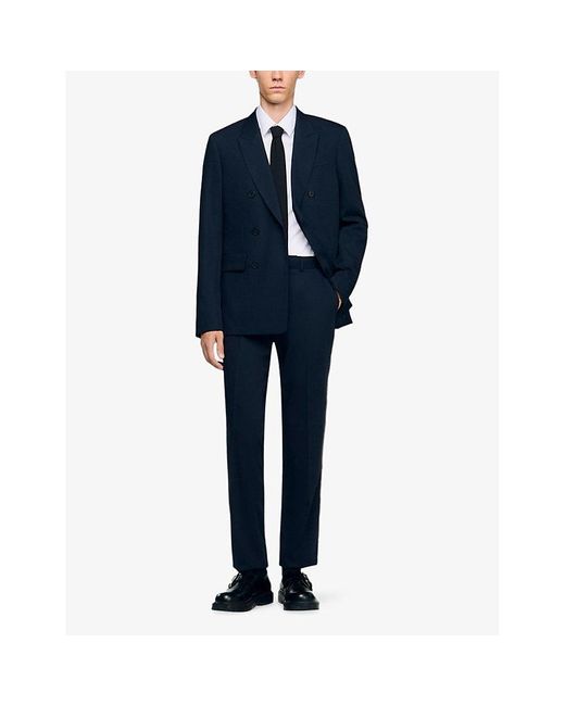 Sandro Blue Wide-Leg Regular-Fit Wool Suit Trousers for men