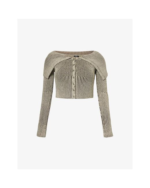 Jaded London Natural Folded-collar Cropped Slim-fit Cotton Knitted Top