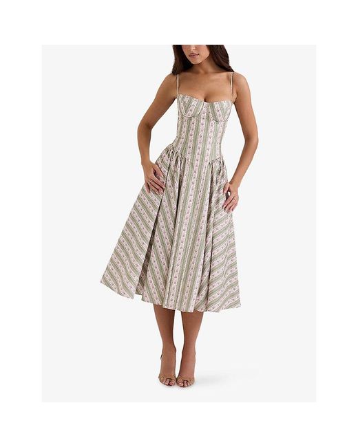 House Of Cb Gray Mya Floral-Print Stretch-Cotton Midi Dress