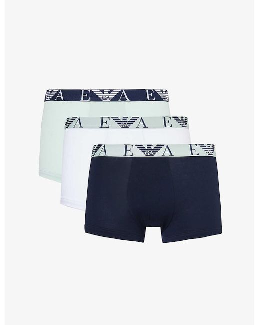 Emporio Armani Blue Branded-waistband Pack Of Three Stretch-cotton Trunks for men