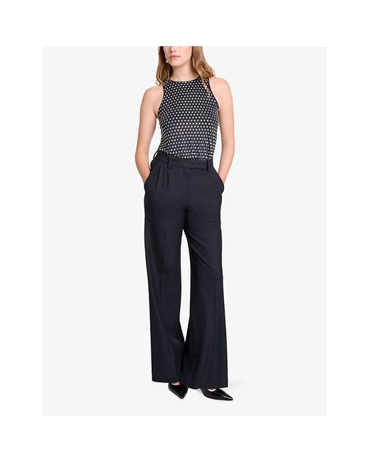 Maje Blue Pressed-Creases Pleated Wide-Leg Mid-Rise Stretch-Woven Trousers