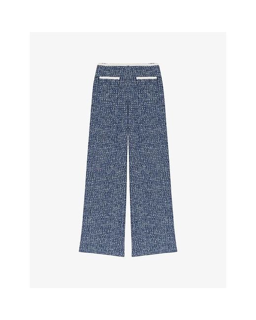 Maje Blue Wide-Leg High-Rise Tweed Trousers