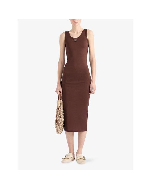 Prada Purple Brand-Plaque Slim-Fit Cotton Midi Dress