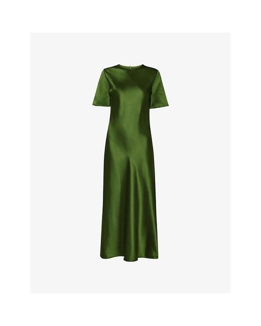 Whistles Green Avery Twist-Back Short-Sleeve Satin Midi Dress