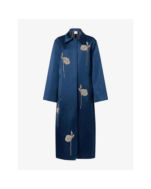 Erdem Blue Floral Crystal-Embroidered Satin Coat