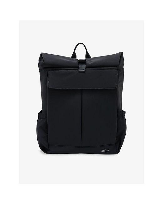 Reiss Black Roll-Top Branded Woven Backpack for men