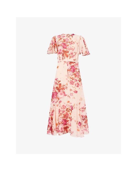 Erdem Pink Floral-Print Flared Silk Midi Dress