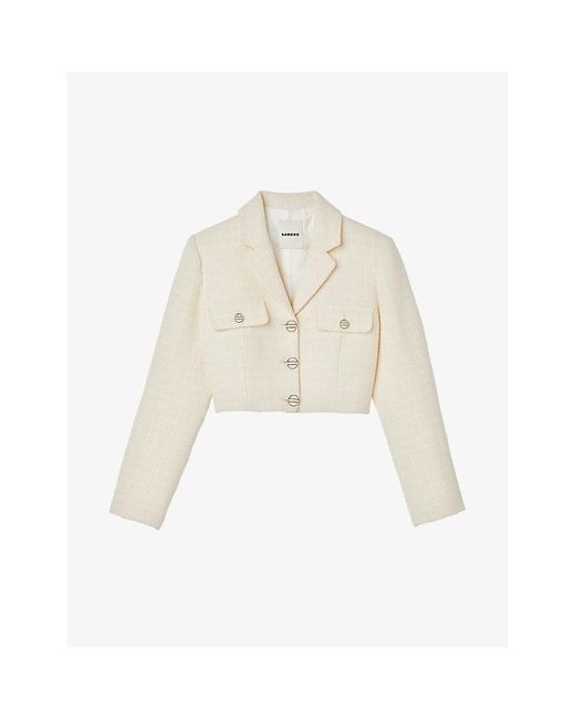 Sandro Cropped Tweed Jacket in White | Lyst